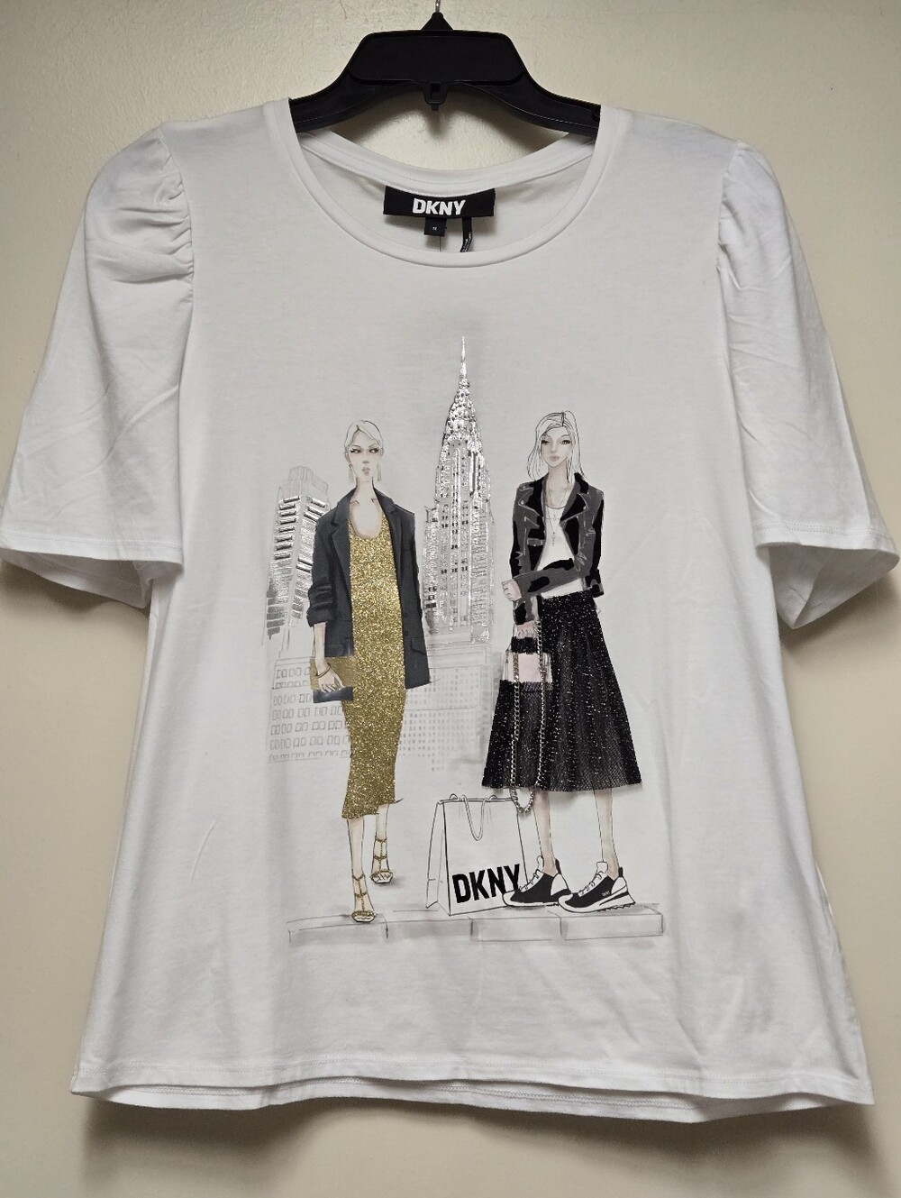 DKNY White Tee with Gold & Black Fashion Illustration